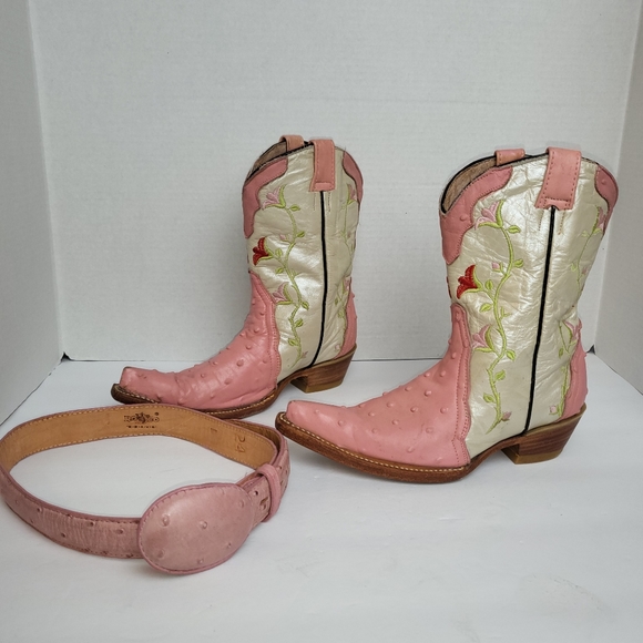 Alacran De Durango Children's Pink Girl Ostrich Skin Boots Size 13 Matching Belt - Picture 1 of 10
